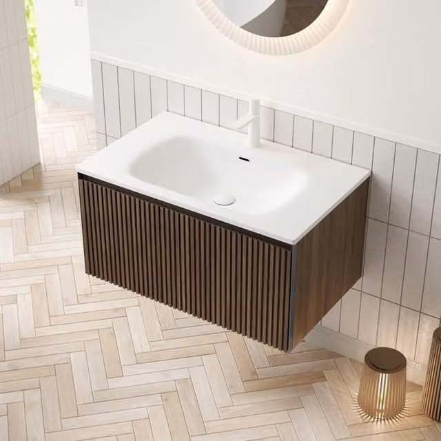 Mobile sottolavabo sospeso con lavabo integrato e cassetto a chiusura ammortizzata per bagno rovere marrone e bianco