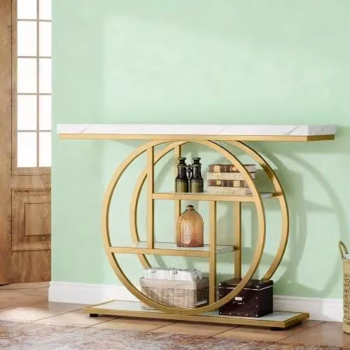 Consolle industriale Mivray con 4 livelli sfalsati in metallo oro e legno, struttura circolare, L: 105 cm, P: 30 cm, H: 80 cm – 2