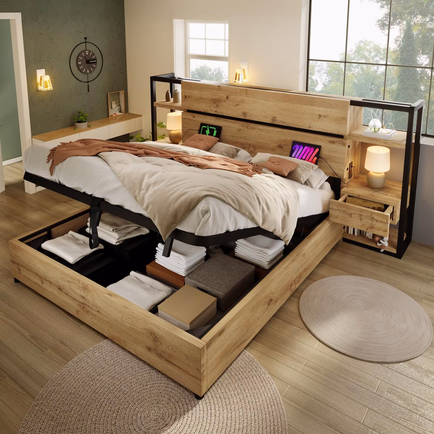 Letto in legno matrimoniale 160×200 cm, letto contenitore idraulico, testata contenitore con cassetti, senza materasso