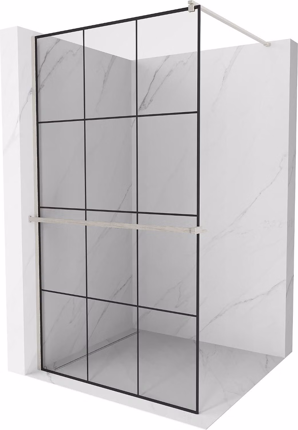 Mexen Kioto+ pannello doccia con mensola Walk-in 110 x 200 cm, griglia nera, nichel spazzolato - 800-110-121-97-77