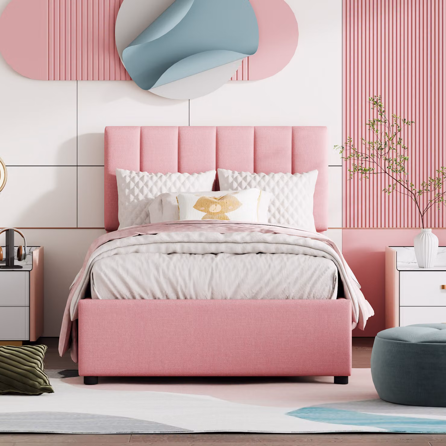 STILVORA Letto per bambini 90x200 con contenitore, letto per ragazzi con contenitore idraulico, letto imbottito con rete in lino delicato sulla pelle, senza materasso, rosa