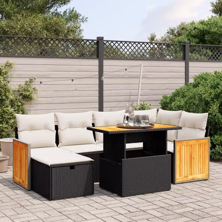 vidaXL Set Divani da Giardino a L con Cuscini 7pz in Polyrattan Nero e Legno di Acacia