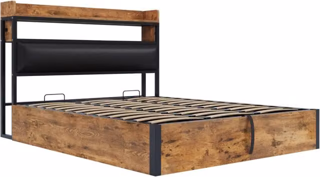 Letto contenitore 180x200cm con USB e USB-C; testiera imbottita e ripiano effetto legno; nero
