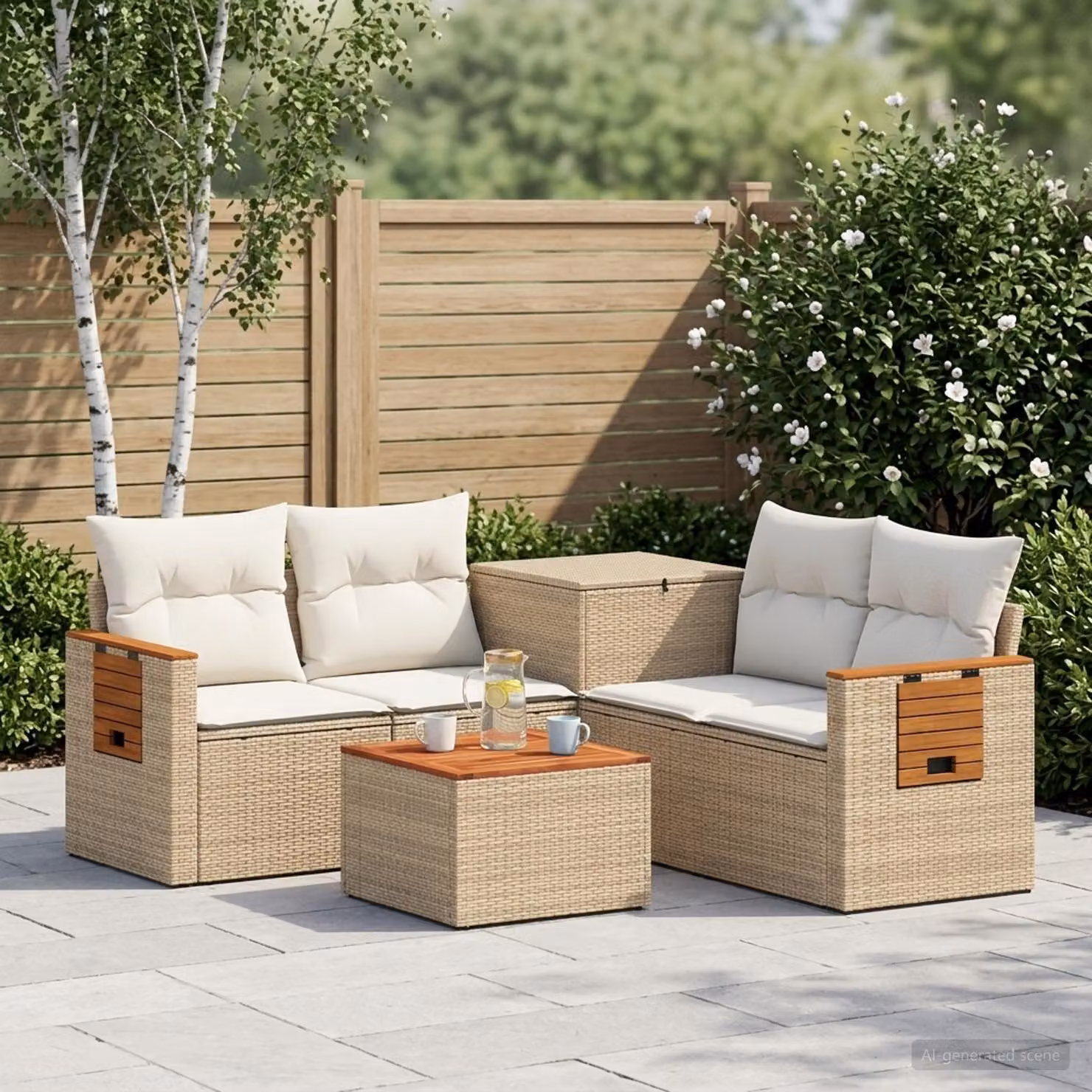 Set di divani da giardino vidaXL in polyrattan a forma di L con tavolo da caffè e pouf, 6 pezzi, Beige e Bianco Crema