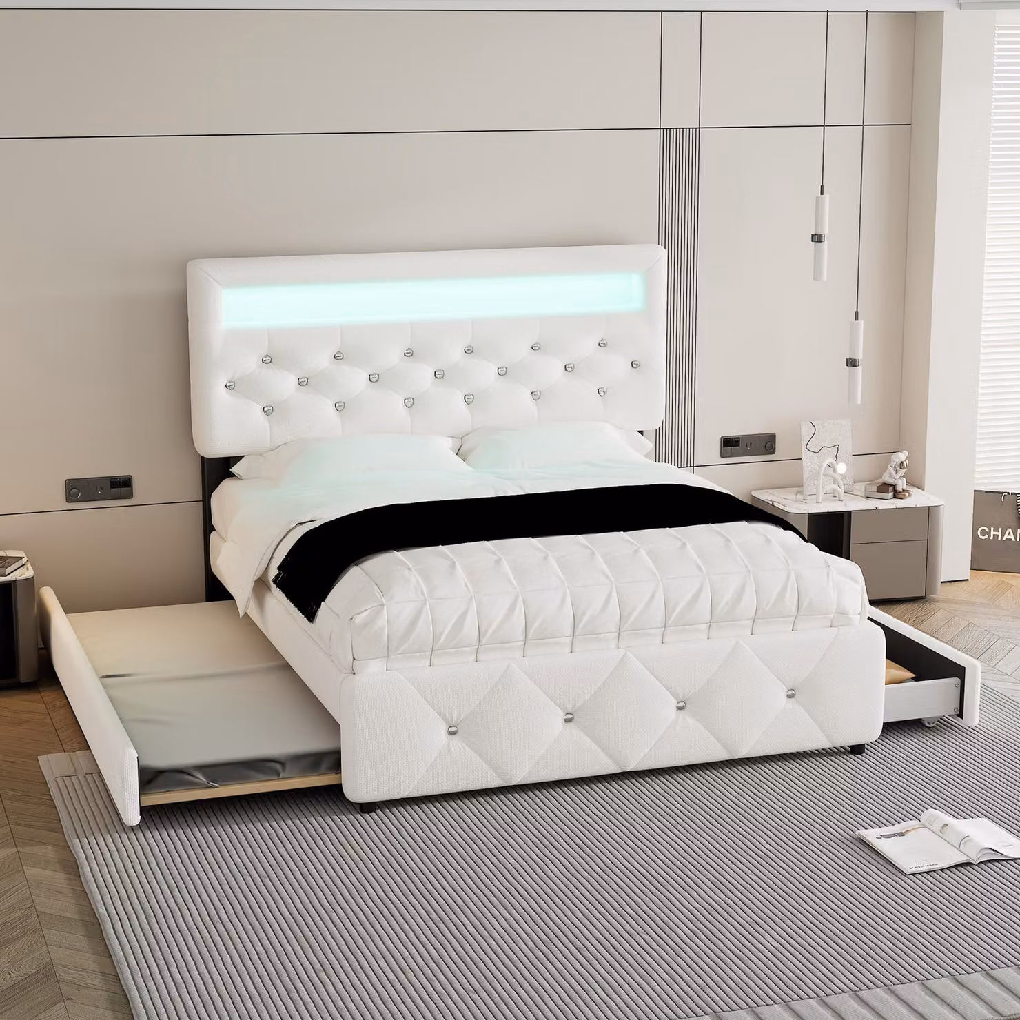 STILVORA Letto imbottito 140×200 cm con letto estraibile 90×190 cm, letto matrimoniale con 2 cassetti, comodino con striscia luminosa, bianco