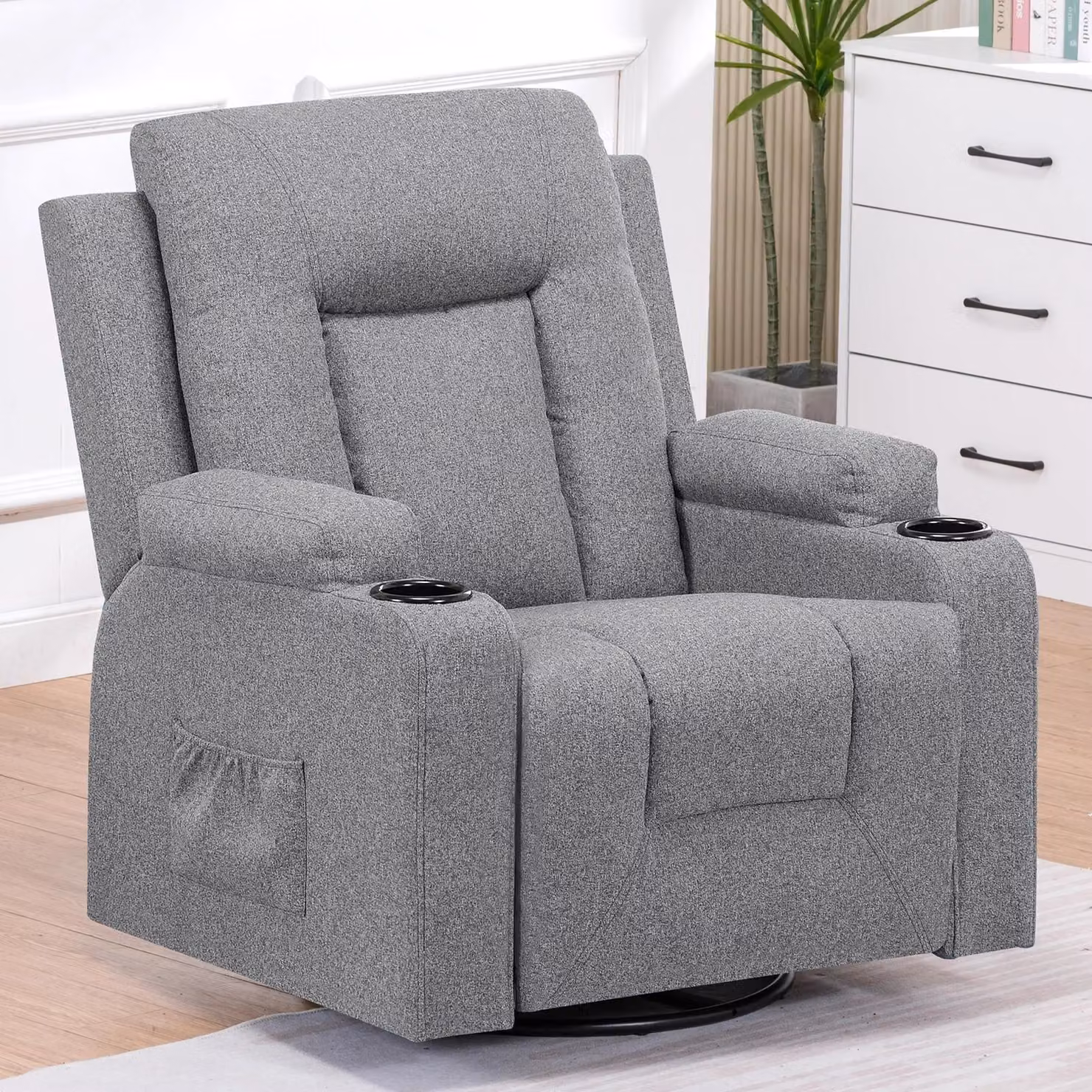 Poltrona relax, poltrona TV - Poltrona reclinabile, 1 posto - Regolabile - Funzione oscillante - Portabicchieri - Tasche laterali - Ecopelle/tessuto - 102x82x95 cm - Grigio scuro