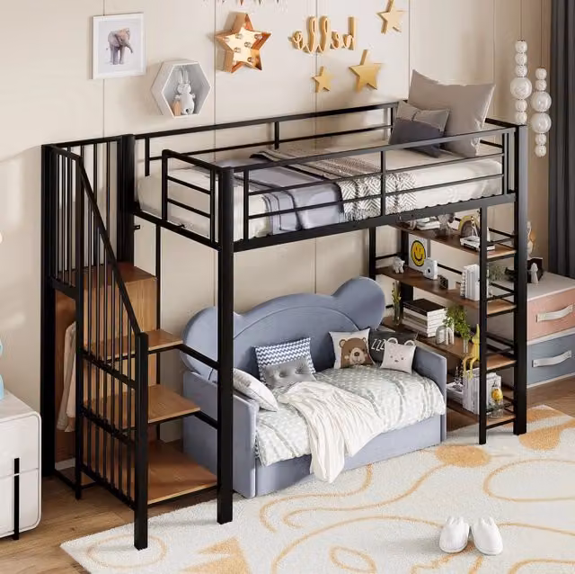 Letto a soppalco 90x200 cm con scala; armadietto e ripiani in metallo nero