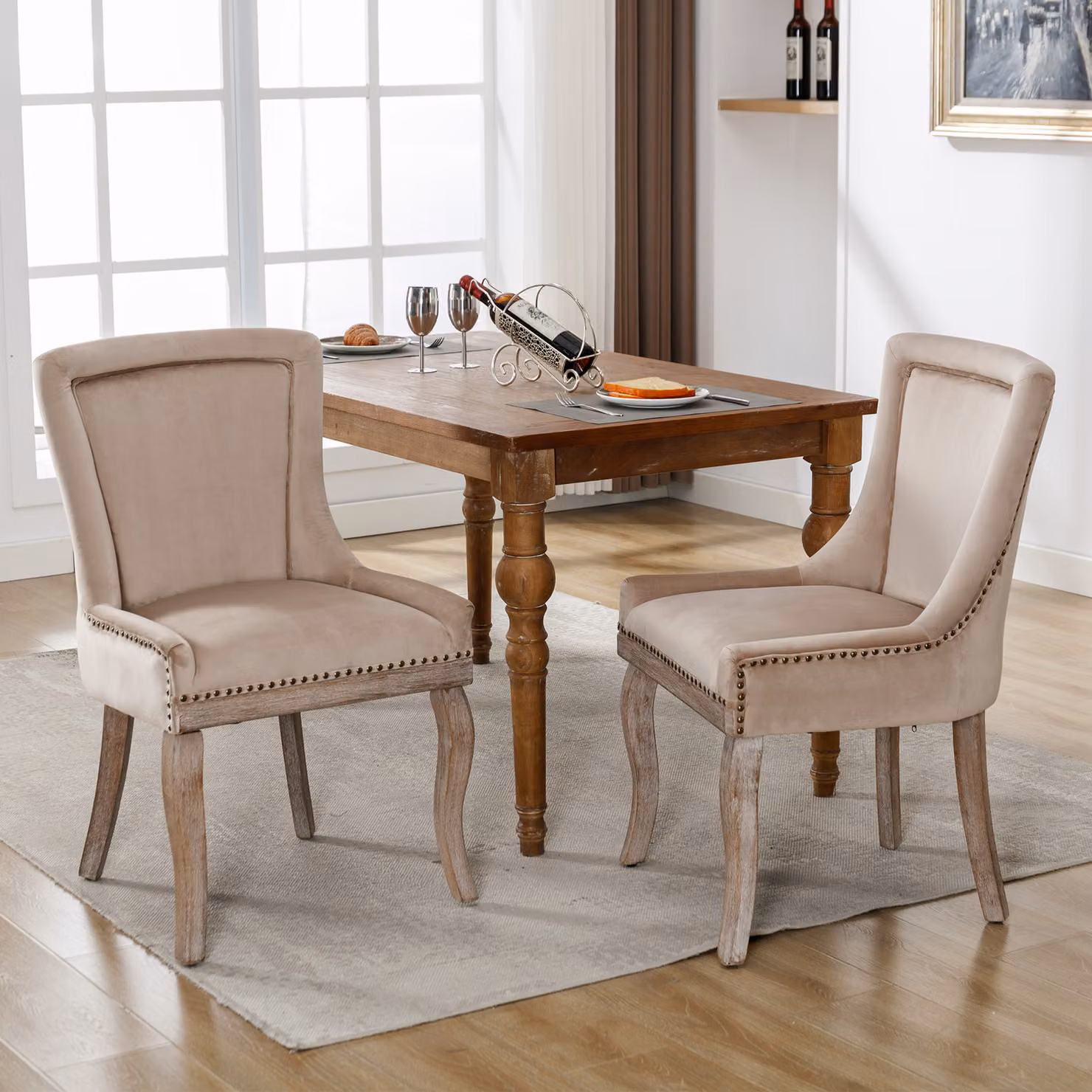 okwish, 2 sedie da pranzo sedie da cucina, poltrona per il soggiorno, poltrona ottomana, sedia multifunzionale con decorazioni a chiodini, gambe in legno massello, rivestimento in velluto, color beige