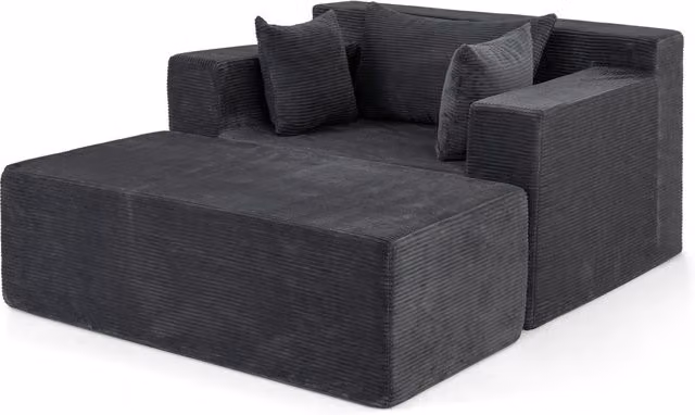 Divano letto modulare a terra in velluto a coste grigio con poggiapiedi e 3 cuscini per soggiorno o camera da letto L/P/H: 127 x 91 x 69 cm – 1