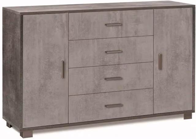 Credenza madia mobile con 2 ante e 4 cassetti 136x41x86H cm in kit di montaggio colore Ossido nero e Cemento