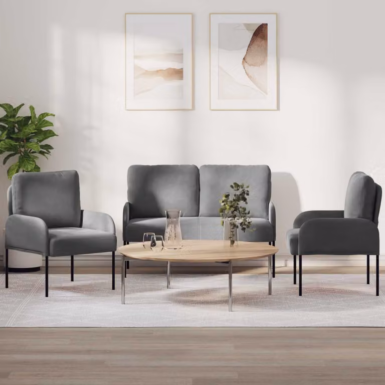 Set di divani 3 pezzi vidaXL in tessuto grigio e nero con struttura in legno e metallo per soggiorno