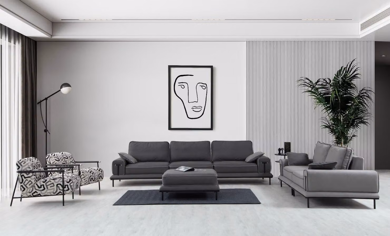 Stilvolle Graue Sofagarnitur Designer Wohnzimmer Viersitzer Luxus Hocker