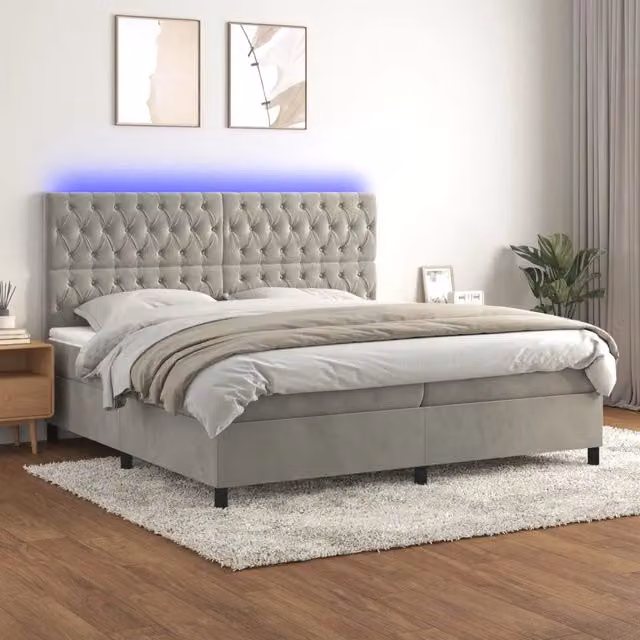 Letto matrimoniale moderno vidaXL in velluto grigio con illuminazione LED e porte USB, L/P: 200 x 200 cm