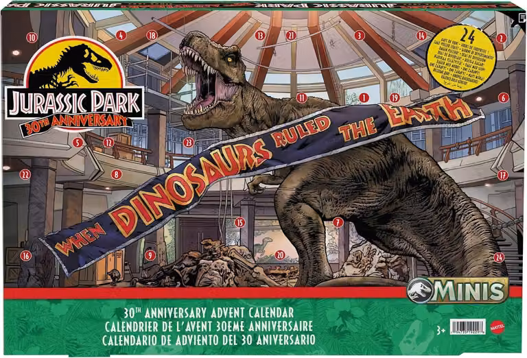 Calendario dell'Avvento a tema Jurassic World, con 24 sorprese da scoprire ogni giorno, tra cui minifigure di dinosauri