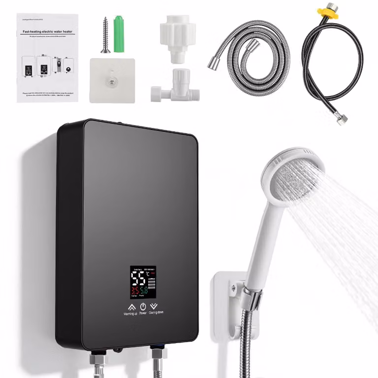 Scaldabagno istantaneo compatto, 6000 W, 230 V, con display touch LED, temperatura regolabile da 30 a 55 °C, ideale per cucina e bagno
