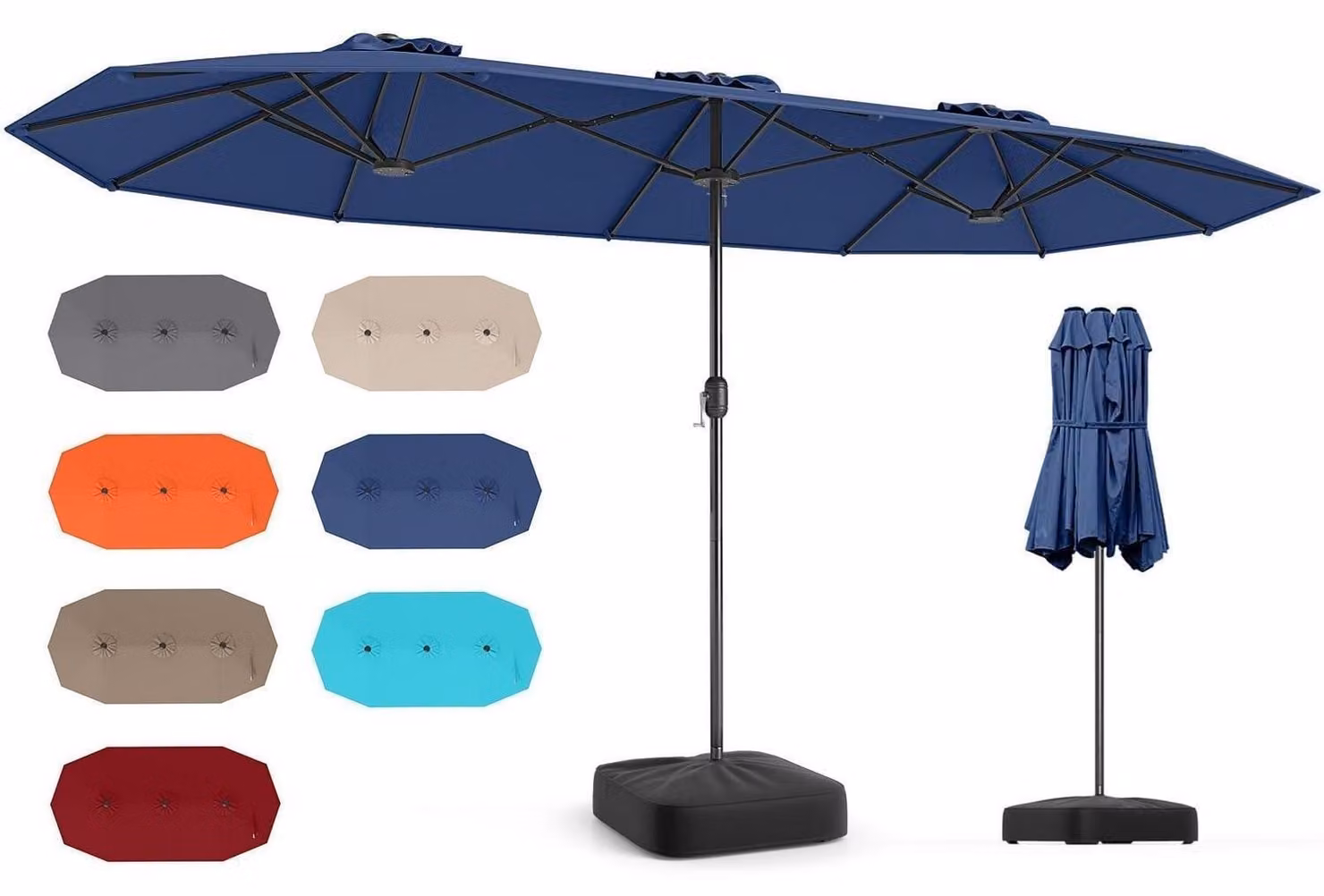 Ombrellone con base e manovella, 400 x 200 cm, colore blu, protezione UV 50+