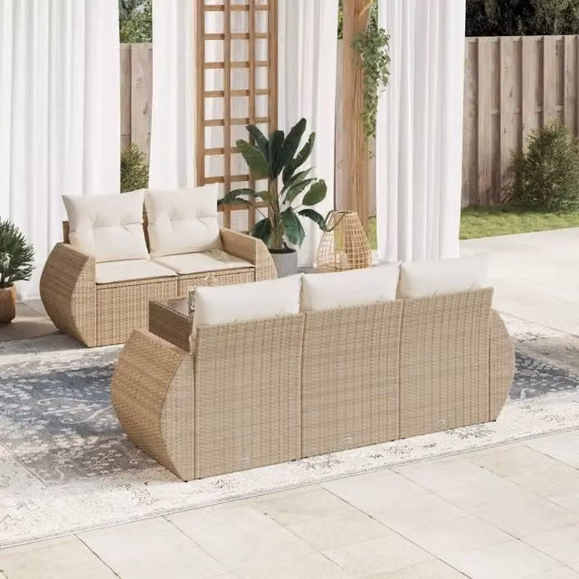 Set Divano da Giardino a L VIDAXL in Polyrattan con Cuscini Beige, 6 Posti