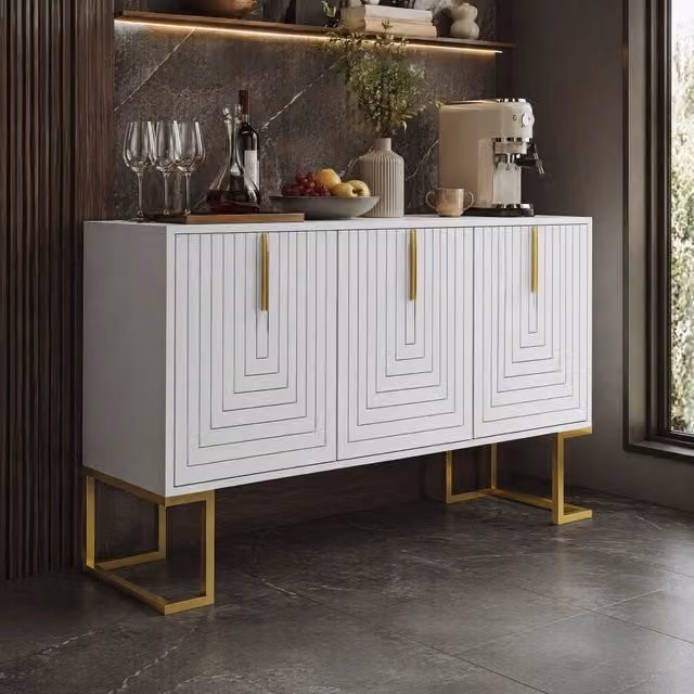 Credenza Mivray a 3 ante in MDF bianca con maniglie dorate e base in metallo per sala da pranzo, cucina o soggiorno