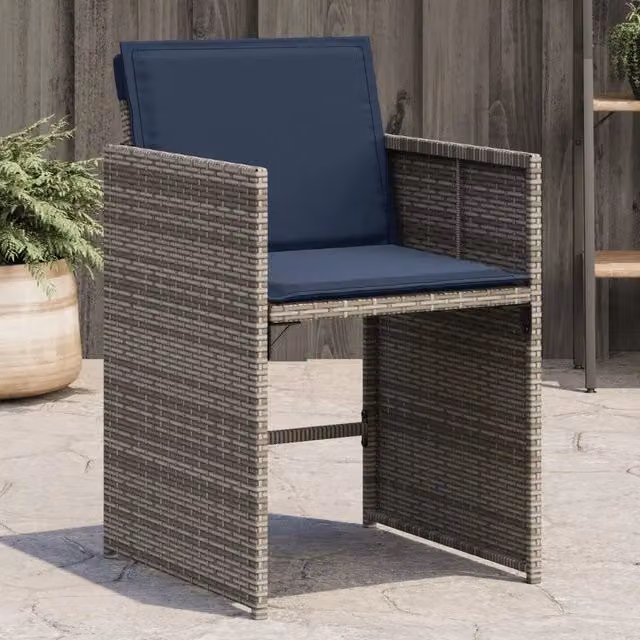 Set di 4 sedie da giardino vidaXL in polyrattan grigio e blu con cuscini e braccioli