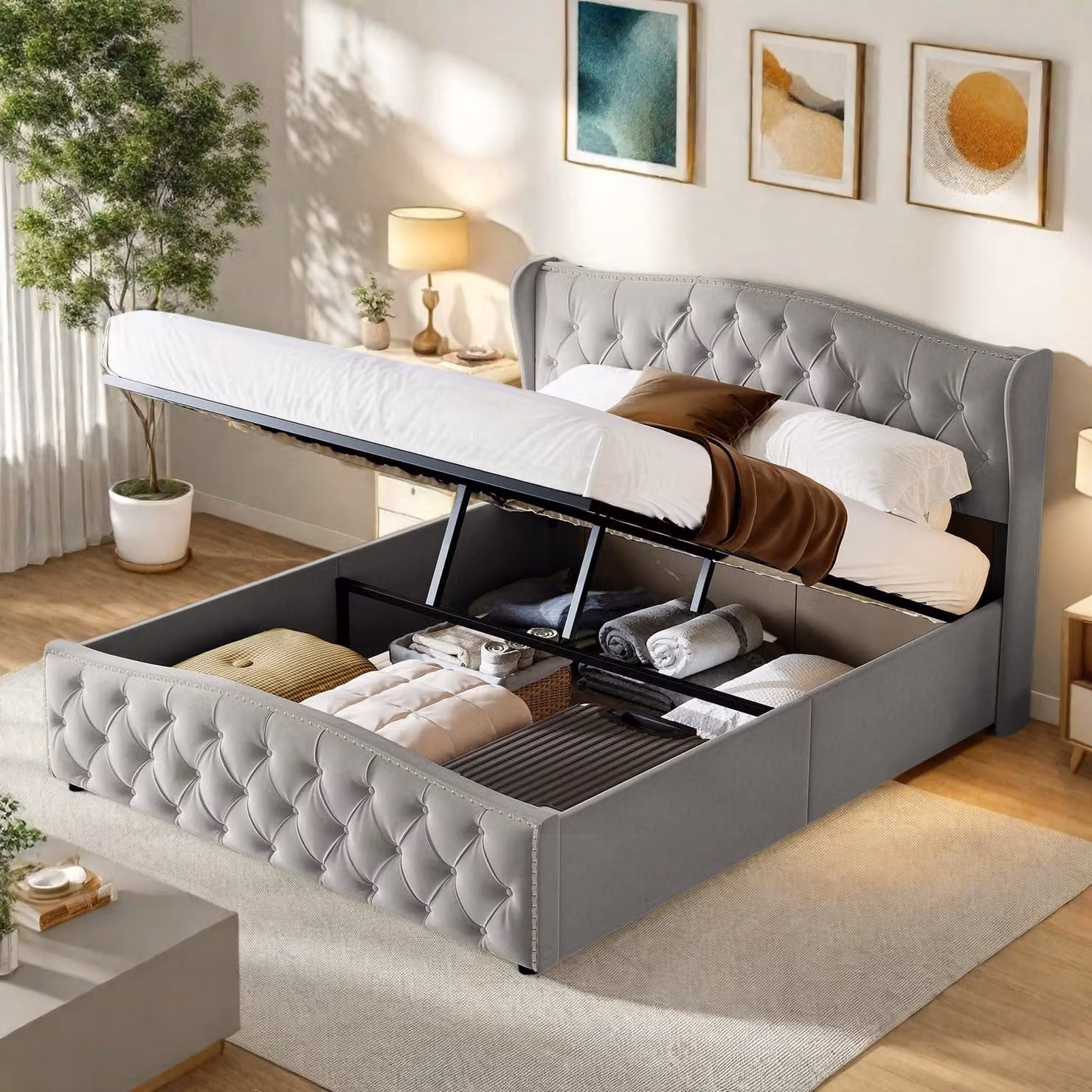 Letto imbottito INONEFT 160x200, modello boxspring con contenitore, struttura per letto matrimoniale con rete a doghe, grigio, rivestito in velluto, sistema idraulico per l'apertura, senza materasso