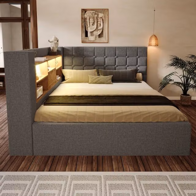 Letto matrimoniale 140x200 cm con testiera a L reversibile; contenitore idraulico; LED e rivestimento effetto lino grigio