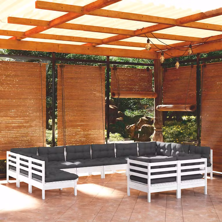 Set di divani da giardino a forma di U vidaXL in legno di pino con cuscini bianchi, antracite e grigi