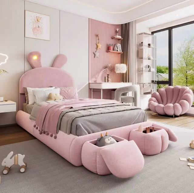 Letto imbottito 90x200 cm con LED e pouf contenitori in velluto rosa