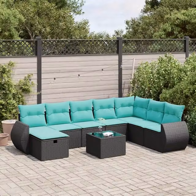 Set Divani da Giardino 9 pz con Cuscini Nero in Polyrattan 3325643