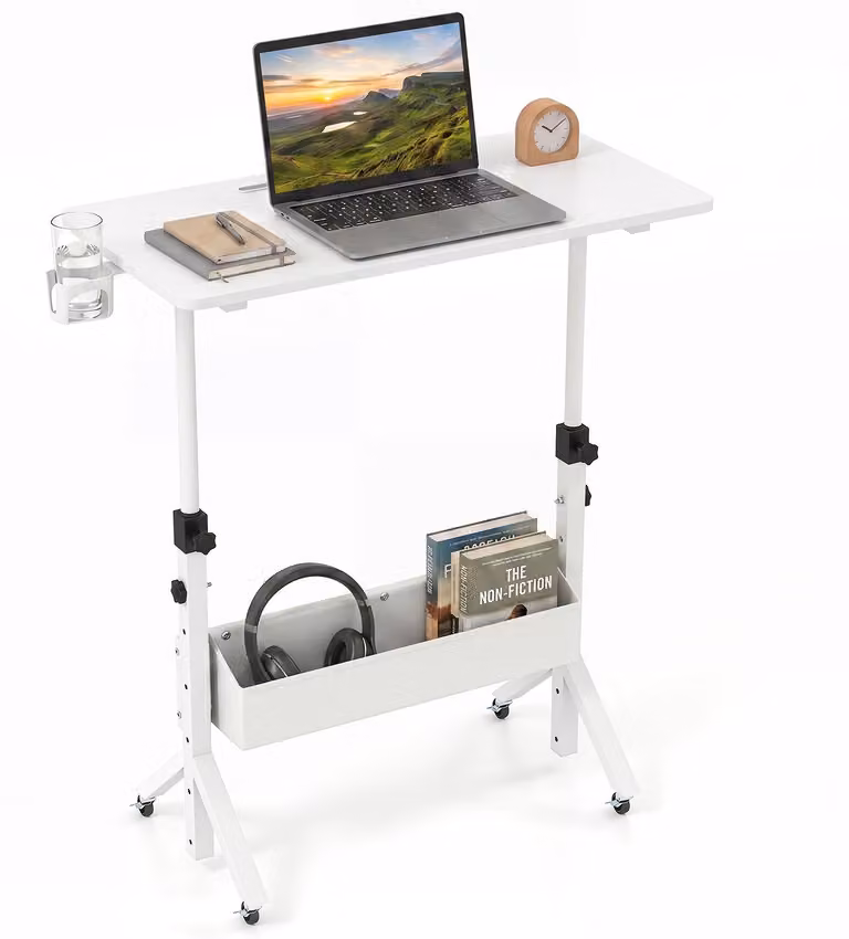 COSTWAY, scrivania regolabile in altezza da 70 a 117 cm, scrivania mobile su ruote con cesto in tessuto, fessura per tablet e portabicchieri girevole, scrivania per laptop da utilizzare in piedi o seduti