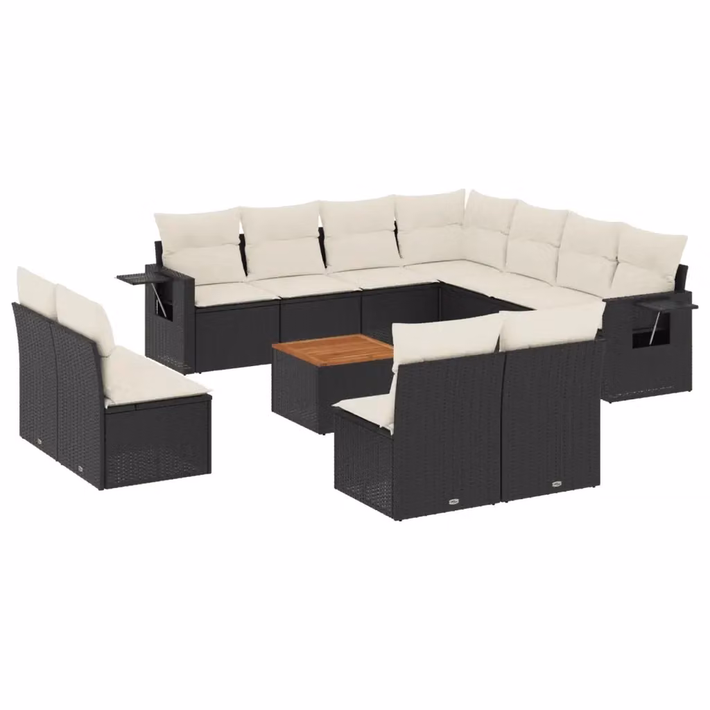 Set di divani da giardino vidaXL a forma di U composto da 12 pezzi con cuscini, tavolino e poltrone in polyrattan nero e legno di acacia – 2