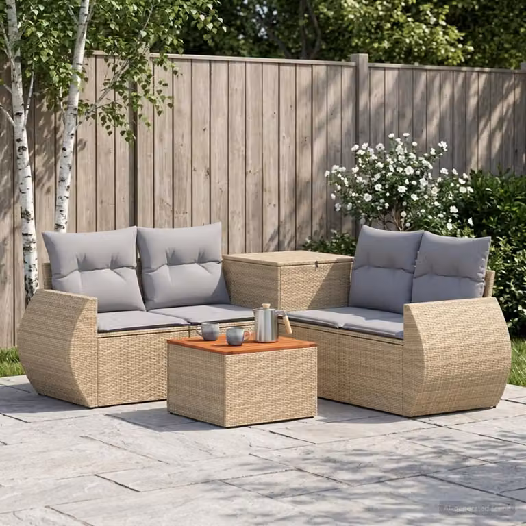 Set di divani da giardino vidaXL in polyrattan con forma a L, colore beige e grigio, composto da divano a 3 posti, elementi angolari, tavolino da caffè e cuscini inclusi