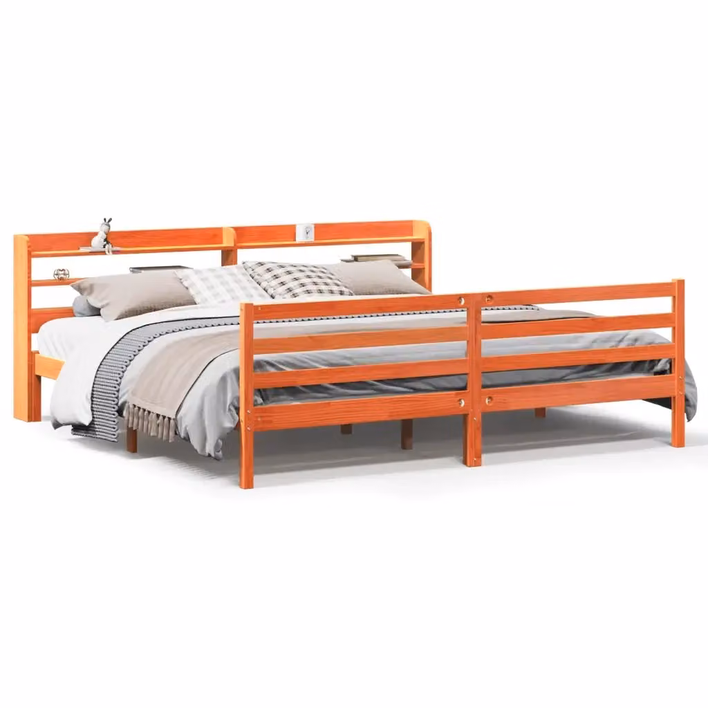 Letto vidaXL in legno di pino massiccio con finitura cerata marrone e scomparti laterali L/P/H: 200 x 200 x 82 cm – 2