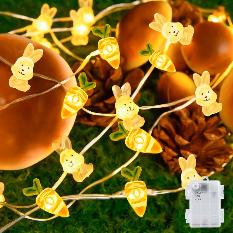 Catena luminosa LED a tema pasquale, 2 metri, con 20 coniglietti e carote, timer integrato, grado di protezione IP65