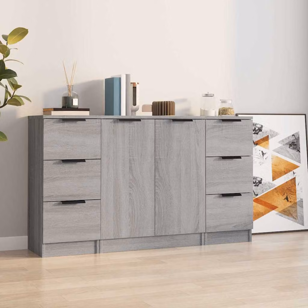 Set di 3 credenze vidaXL in legno multistrato e MDF, colore grigio, design minimalista da parete per sala da pranzo