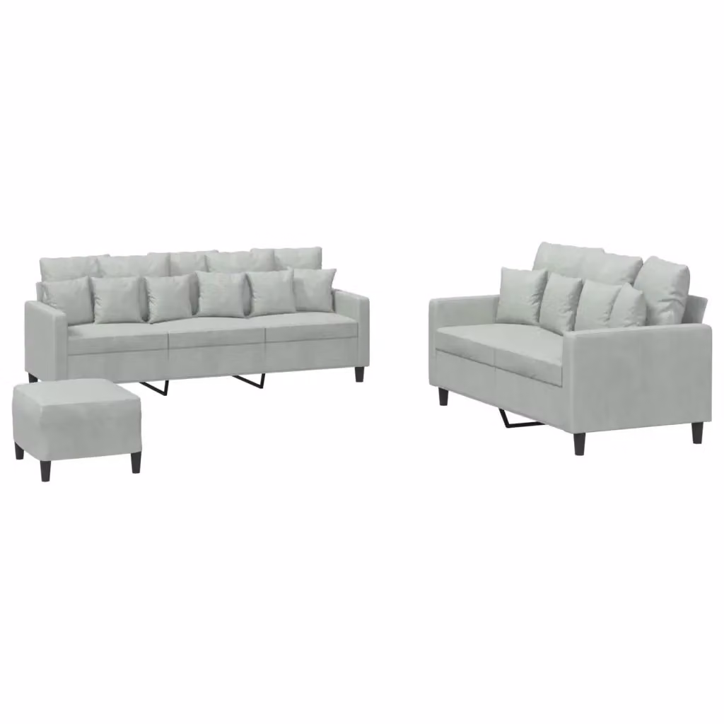 Set di divani moderno vidaXL in velluto grigio composto da divano a 3 posti, divano a 2 posti e pouf con cuscini inclusi – 2
