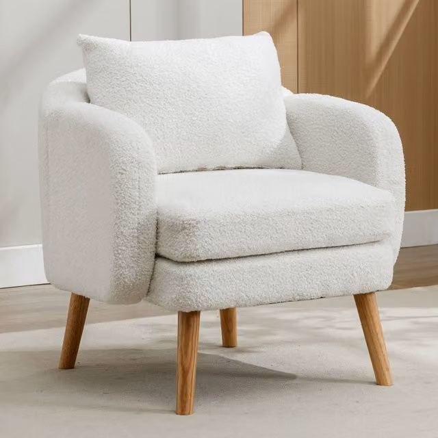 Poltrona Moderna Aosom in Velluto Teddy Bianco con Cuscino e Base in Legno Massello, L/P/H: 71 x 72 x 71 cm