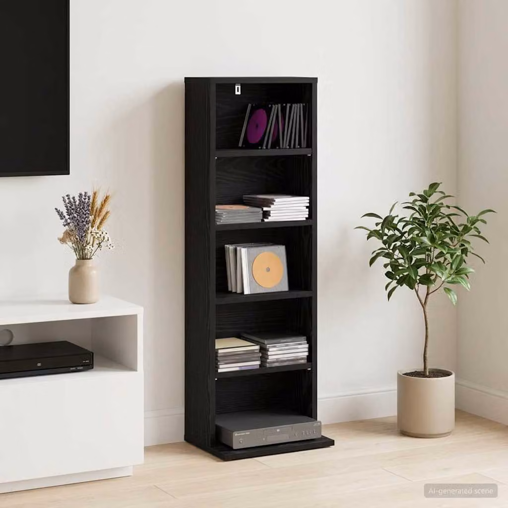 Mobile per CD vidaXL Rovere Nero con ripiani regolabili, L 33,0 cm x P 23,5 cm x H 97,5 cm