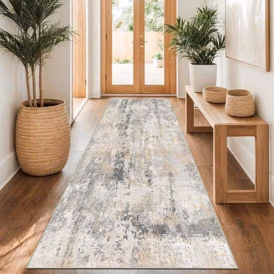 Tappeto in lana sintetica grigio e oro, stile astratto, 80x300 cm, antiscivolo e lavabile, per cucina e soggiorno, moderno e minimalista