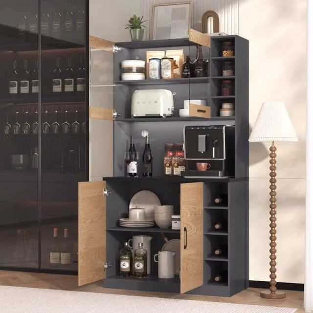 Mobile dispensa moderna FOLYNA in MDF grigio opaco con illuminazione LED, vano microonde e ripiani interni, L: 100 cm, P: 47 cm, H: 187 cm