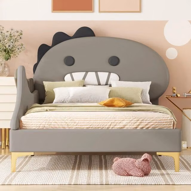 Letto basso per bambini dinosauri in PU grigio 90x200 cm