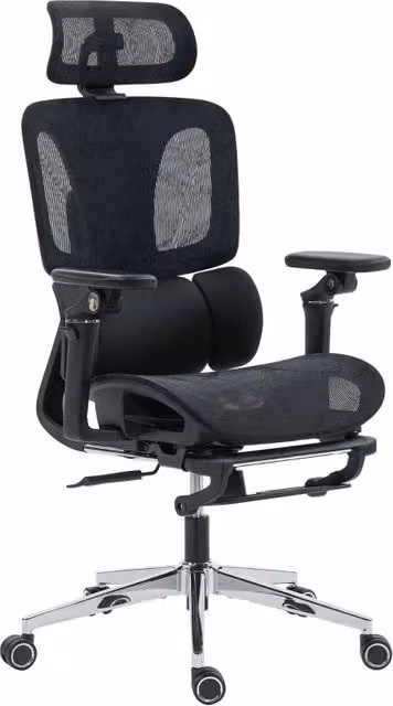 Sedia da ufficio ergonomica con supporto lombare, braccioli 6D e poggiapiedi reclinabile, in plastica e rete, nera