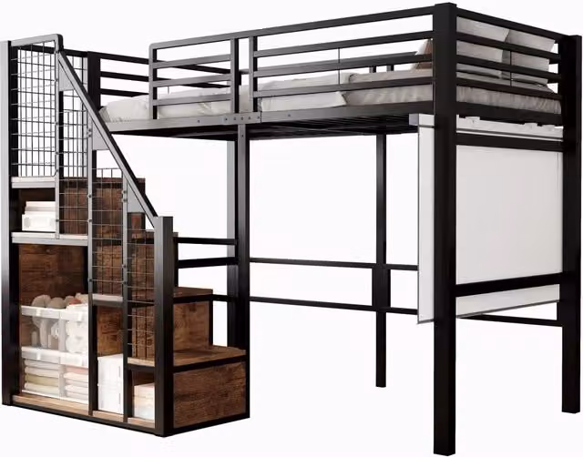 Letto a soppalco singolo REDOM in metallo nero con scala e cassetti, L/P/H: 90 x 200 cm – 1