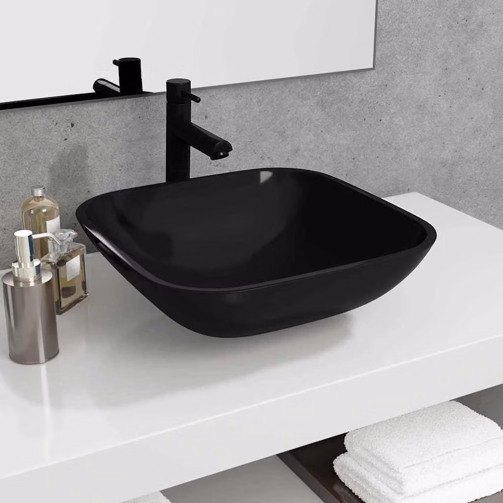 vidaXL Lavandino in Vetro Nero L 42 cm x P 42 cm x H 14 cm