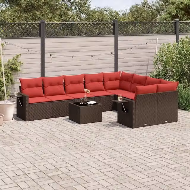 Set Divani da Giardino 10 pz con Cuscini Marrone in Polyrattan 3220653