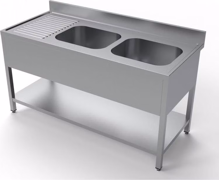 Mobile lavello Combisteel con 2 vasche a destra, con base in acciaio inox, 1600x700x850mm
