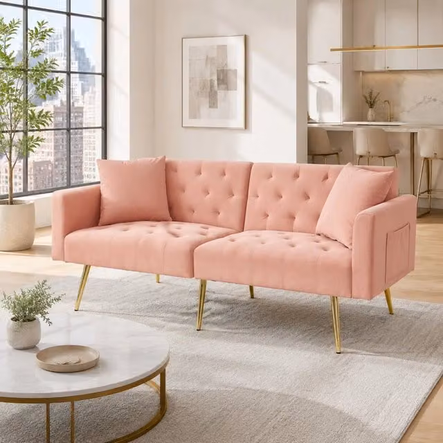Divano letto MIVRAY a 2 posti in velluto rosa con schienale regolabile, struttura in metallo e 2 cuscini inclusi