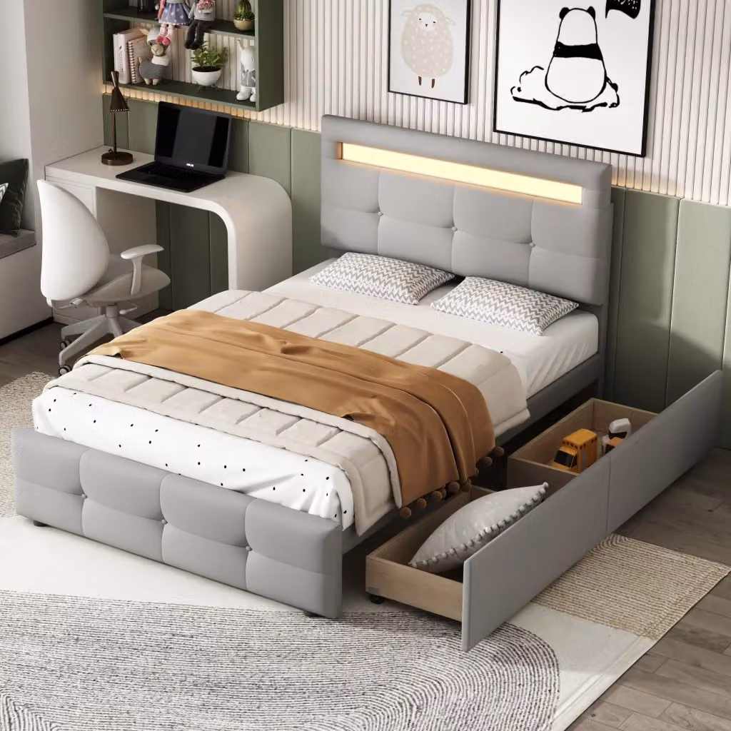 Letto singolo imbottito grigio con 2 cassetti e illuminazione LED sottostante, L/P: 90 x 200 cm – 2