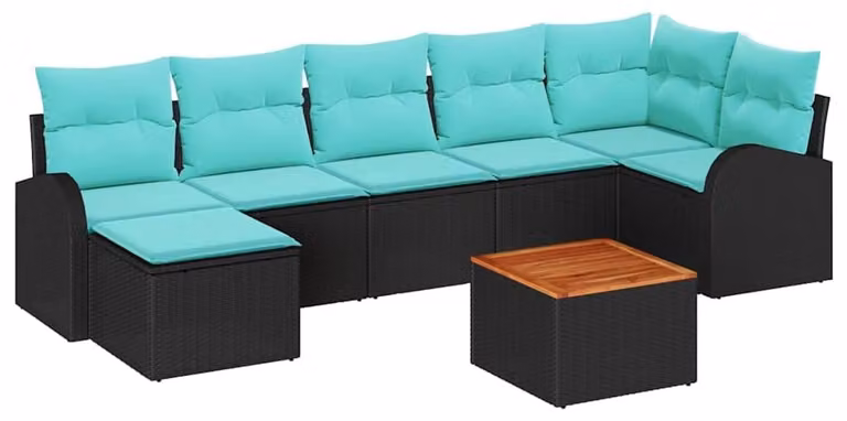 Set da giardino composto da 8 pezzi, in rattan sintetico nero e turchese