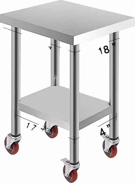 Tavolo da cucina in acciaio inox, 4 ruote piroettanti, capacità di carico da 100KG-300KG, 24 x 18 pollici
