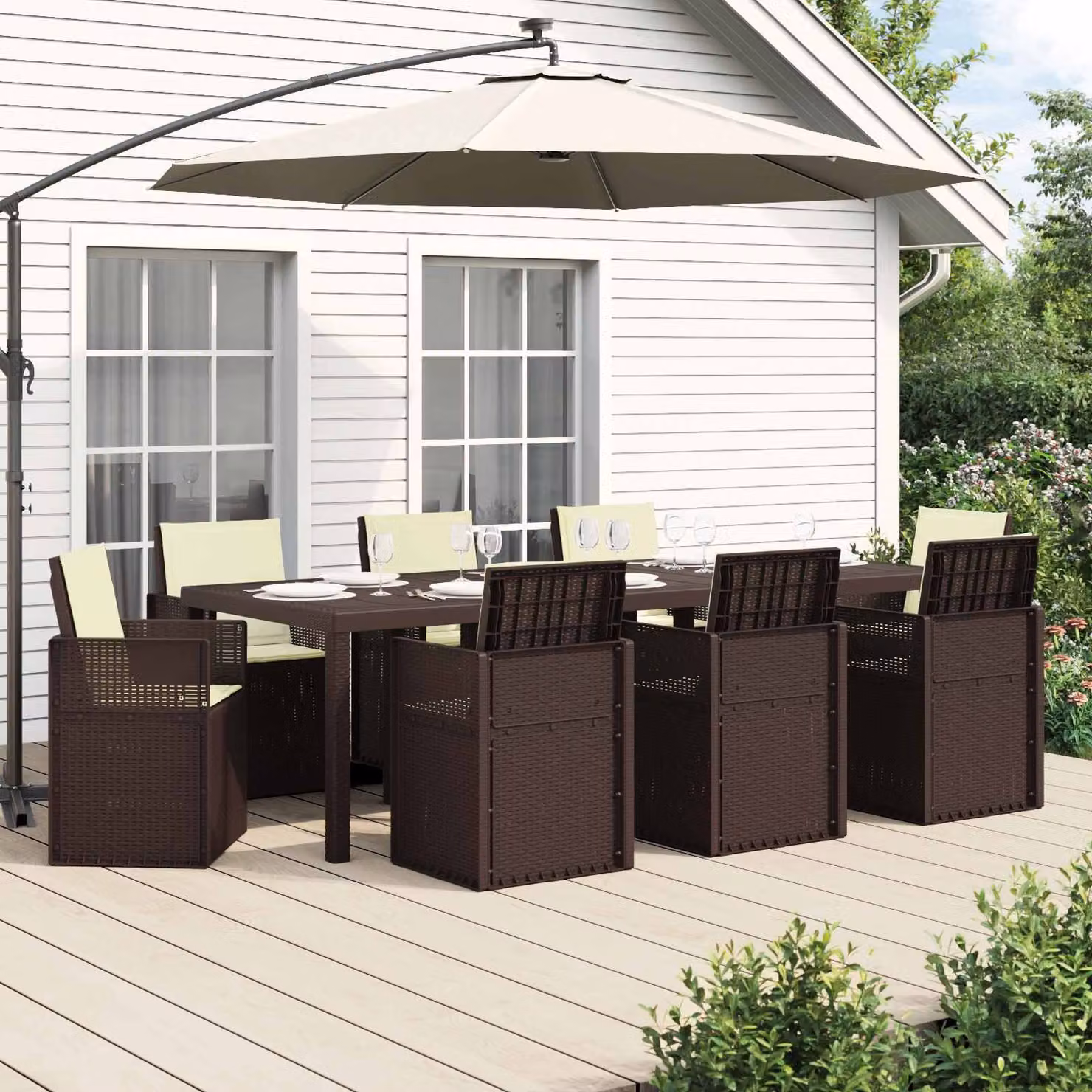 Set da pranzo per giardino e terrazzo vidaXL da 9 pezzi in plastica marrone e beige